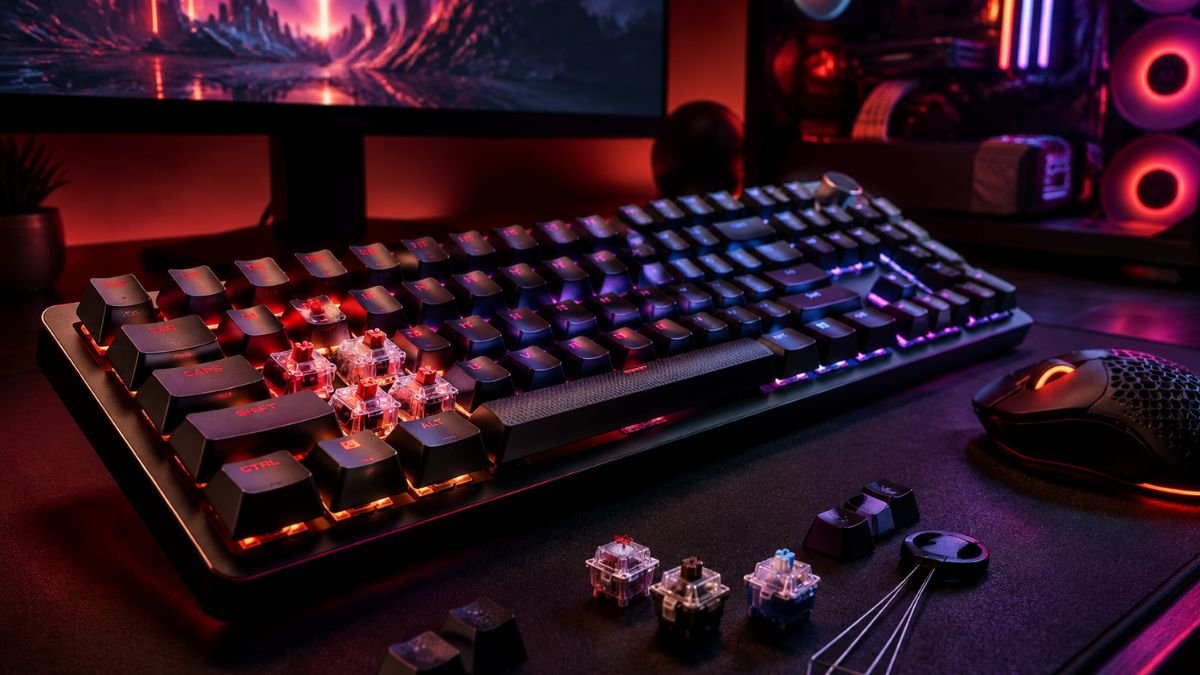 Mechanical gaming keyboard with RGB lighting showing modern switches and PC gaming setup technology