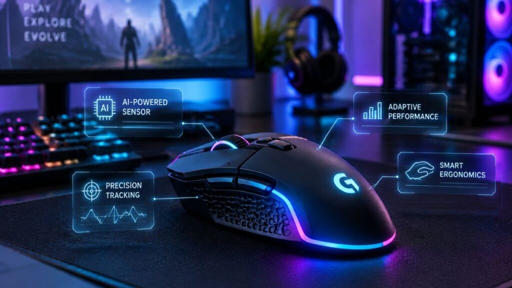 Future gaming mouse with AI technology, smart sensors, and neon RGB lighting in a modern gaming setup
