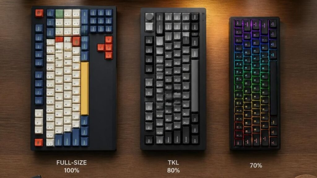 Full size TKL and compact gaming keyboards displayed for size comparison