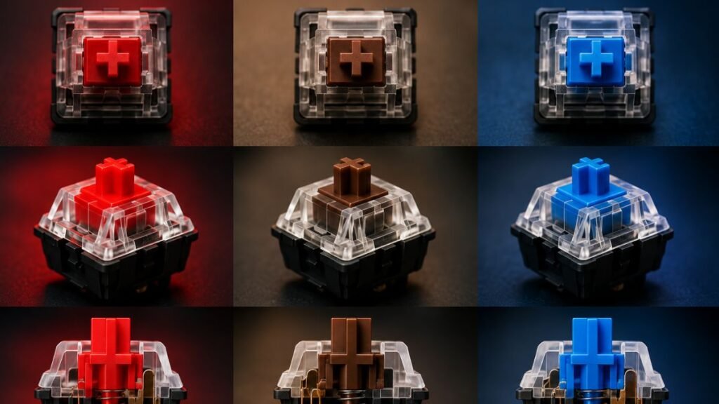 Different mechanical keyboard switch types showing variations in gaming feedback and performance