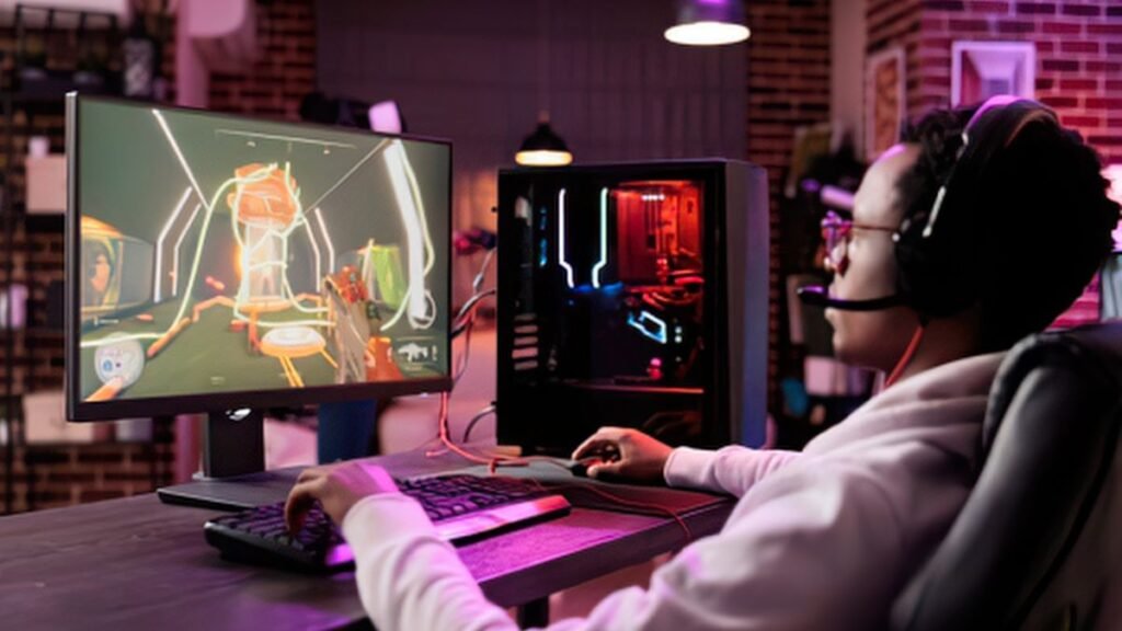 Gaming headset with microphone on a premium gaming desk
