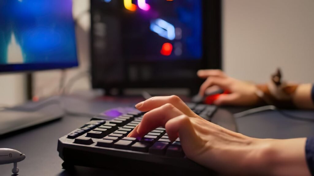 Gamer using a mechanical keyboard during competitive PC gaming session