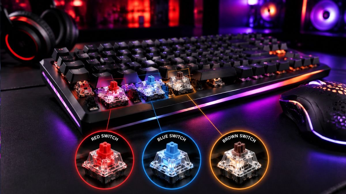 Close view of mechanical keyboard switches used for gaming and typing keyboards