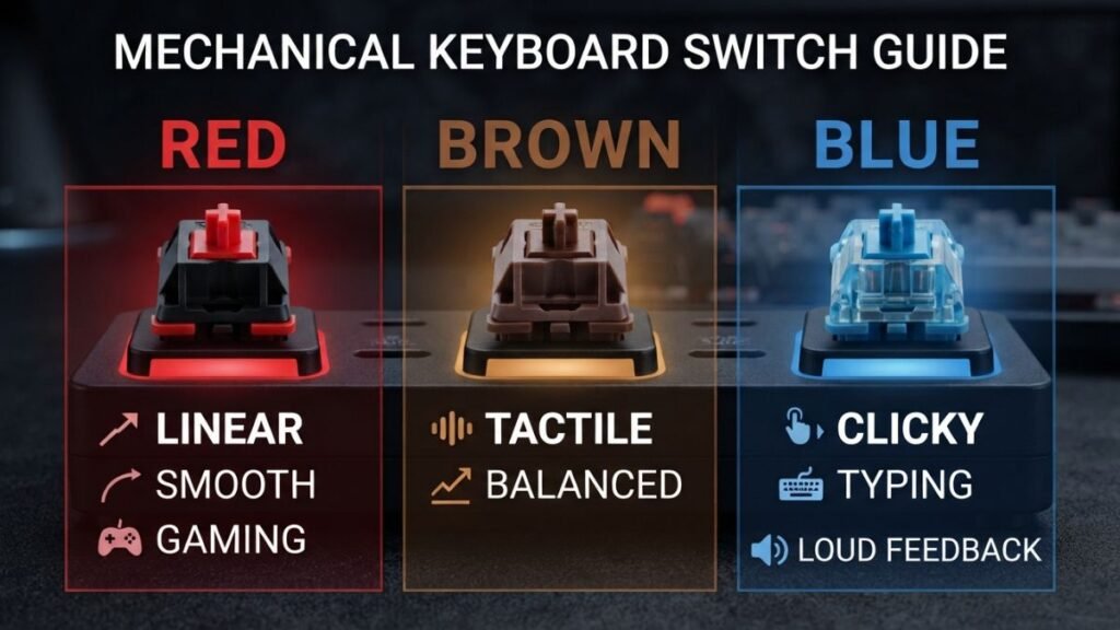 Mechanical keyboard switches comparison showing red blue and brown switches