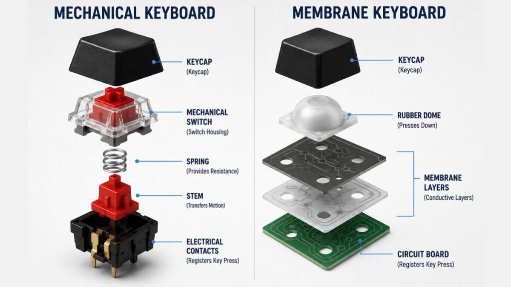 Internal structure comparison between mechanical switches and membrane keyboard technology