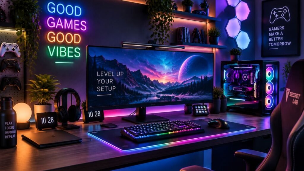 Modern gaming setup with RGB lighting, ultrawide monitor, gaming desk accessories, mechanical keyboard, and immersive neon technology
