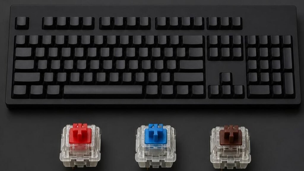 Close-up of a mechanical keyboard with different switch types and RGB gaming setup