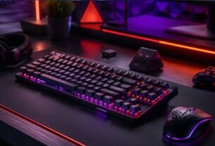 Modern wireless gaming keyboard setup with mechanical keys and RGB lighting on a gaming desk