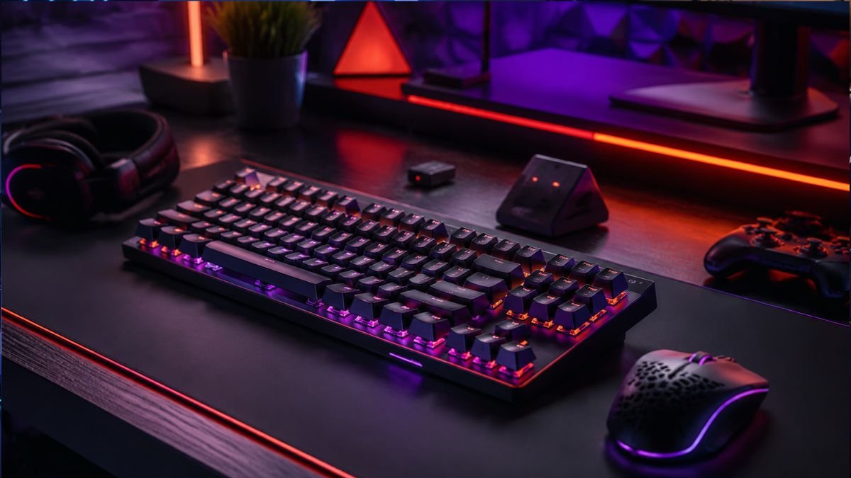 Modern wireless gaming keyboard setup with mechanical keys and RGB lighting on a gaming desk
