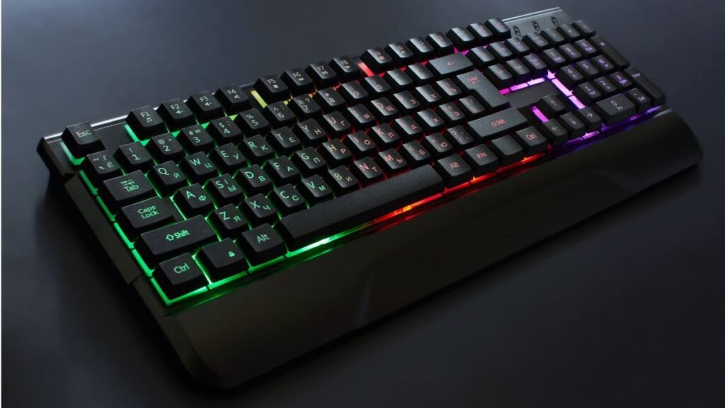Wireless mechanical gaming keyboard connected to a computer setup without cables