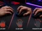 Gaming mouse grip styles showing palm grip, claw grip, and fingertip grip hand positions