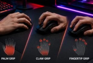 Gaming mouse grip styles showing palm grip, claw grip, and fingertip grip hand positions
