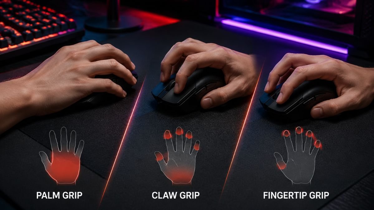 Gaming mouse grip styles showing palm grip, claw grip, and fingertip grip hand positions