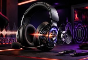 Gaming headset components showing audio drivers, microphone and connectivity features