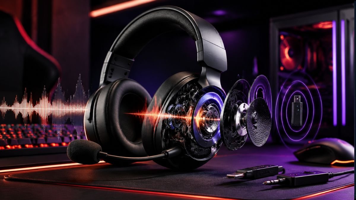 Gaming headset components showing audio drivers, microphone and connectivity features