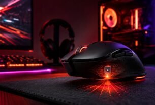 Modern gaming mouse beside a monitor illustrating DPI, sensor tracking, and gaming performance technology