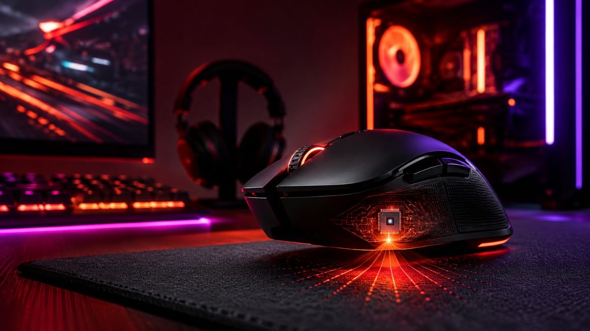 Modern gaming mouse beside a monitor illustrating DPI, sensor tracking, and gaming performance technology