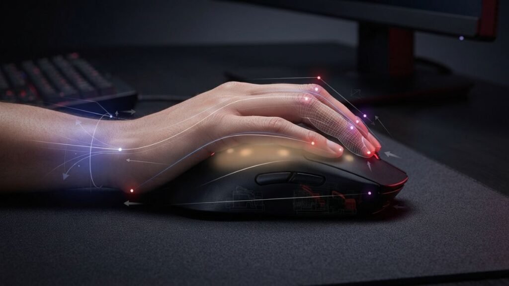 Close-up view showing hand contact points and control areas on a gaming mouse