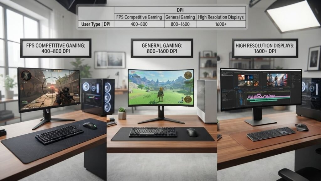 Comparison showing recommended gaming mouse DPI settings for different users.