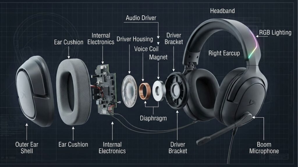 Gaming headset audio drivers and internal components responsible for sound quality