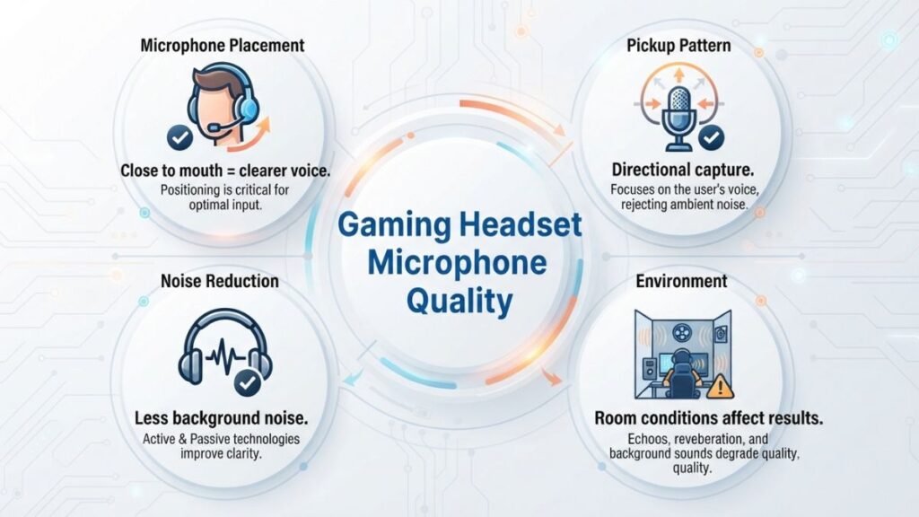 Factors affecting gaming headset microphone performance including placement and noise reduction