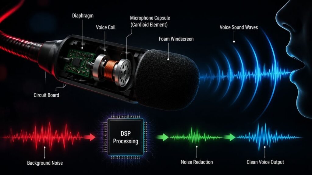 Gaming headset microphone technology showing voice communication components and microphone design
