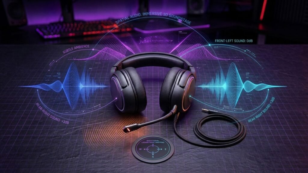Gaming headset illustrating spatial audio and directional sound positioning
