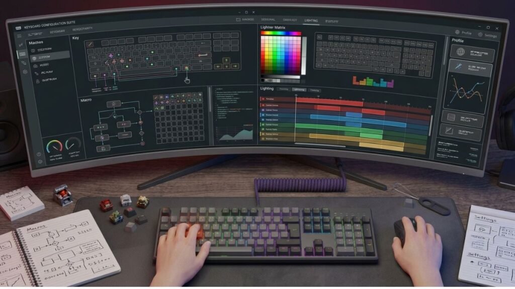 Gaming keyboard connected to a PC showing multiple customization settings