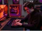 Beginner gamer using a gaming keyboard incorrectly at a modern PC gaming setup