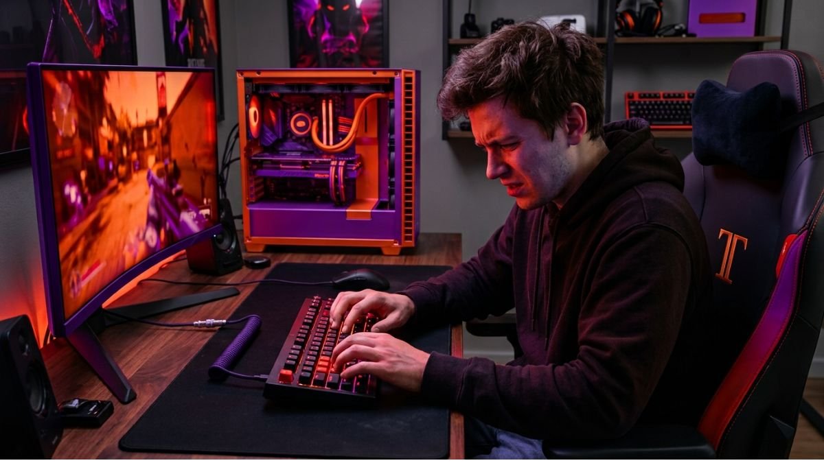Beginner gamer using a gaming keyboard incorrectly at a modern PC gaming setup