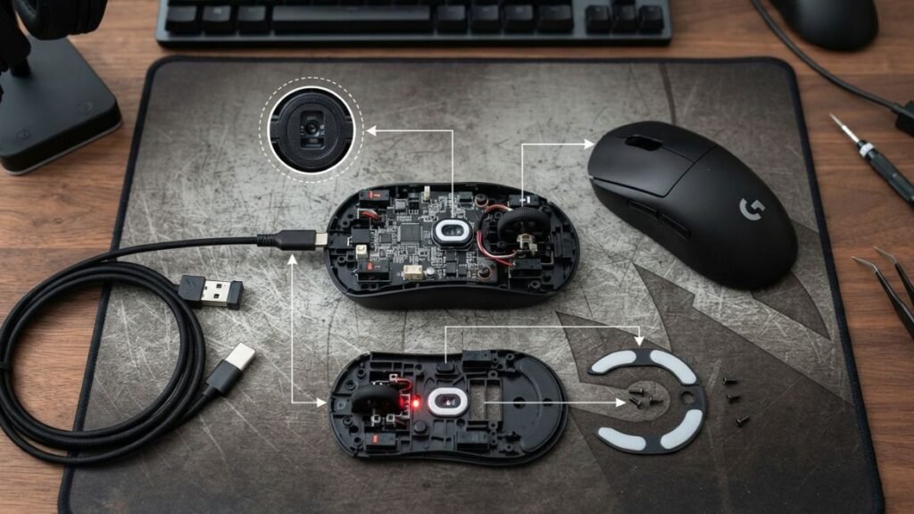 Gaming mouse components including sensor, buttons, feet, and internal hardware features