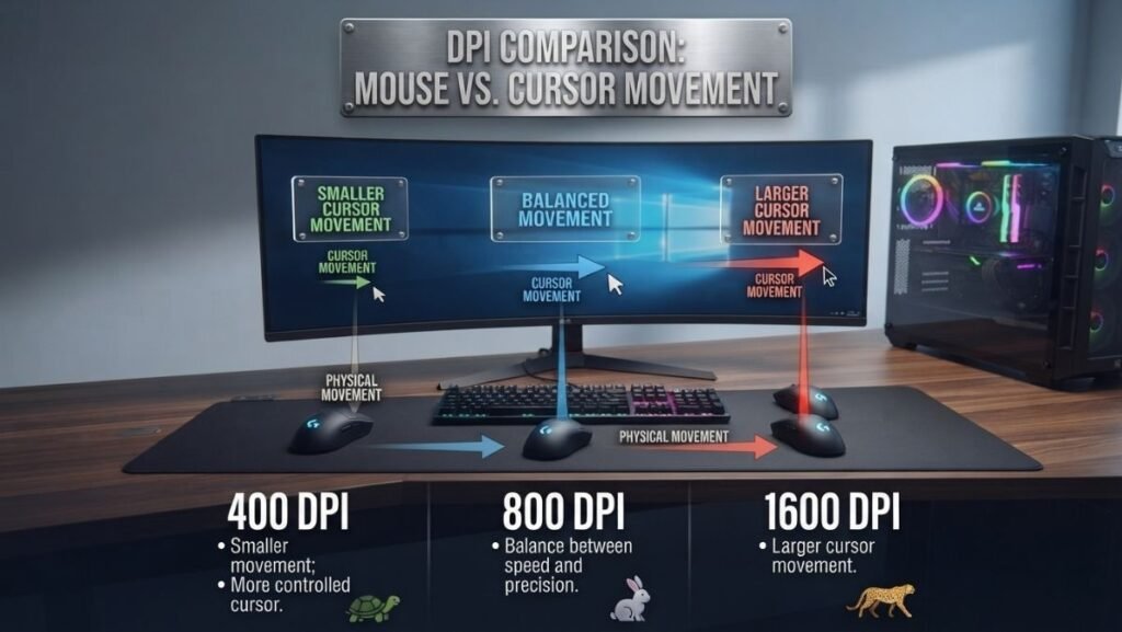 Visual comparison showing how 400, 800, and 1600 DPI affect gaming mouse movement.