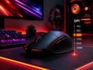 Modern gaming mouse showing DPI settings and precision control in a premium gaming setup