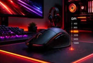 Modern gaming mouse showing DPI settings and precision control in a premium gaming setup