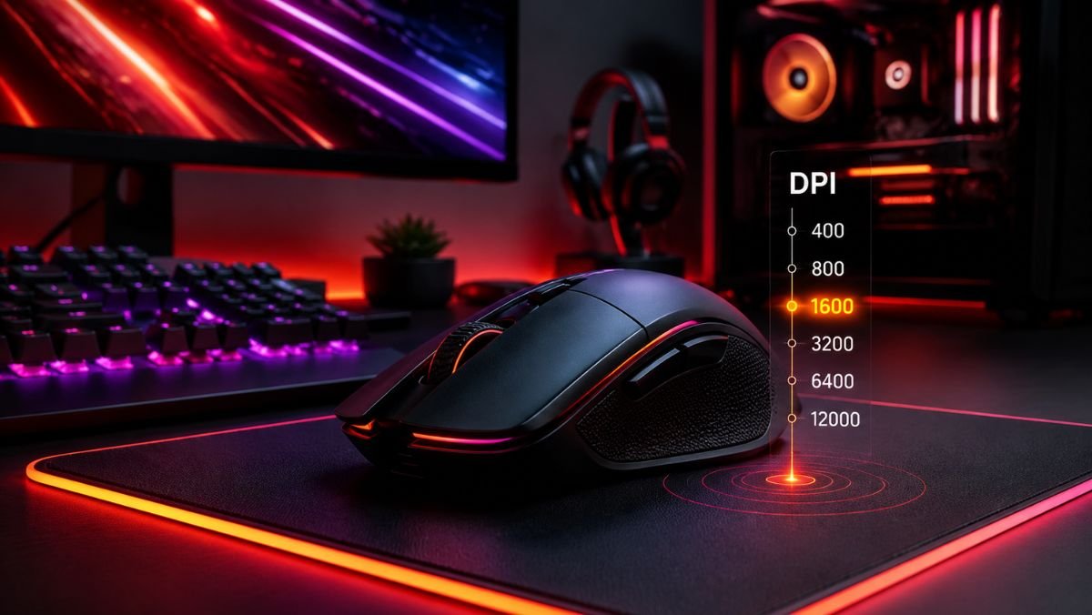 Modern gaming mouse showing DPI settings and precision control in a premium gaming setup