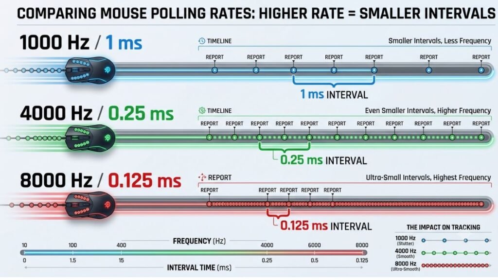 Visual comparison of gaming mouse polling rates from 1000Hz to 8000Hz and their reporting intervals