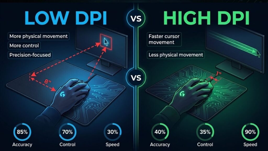 Comparison showing low DPI and high DPI settings on a gaming mouse