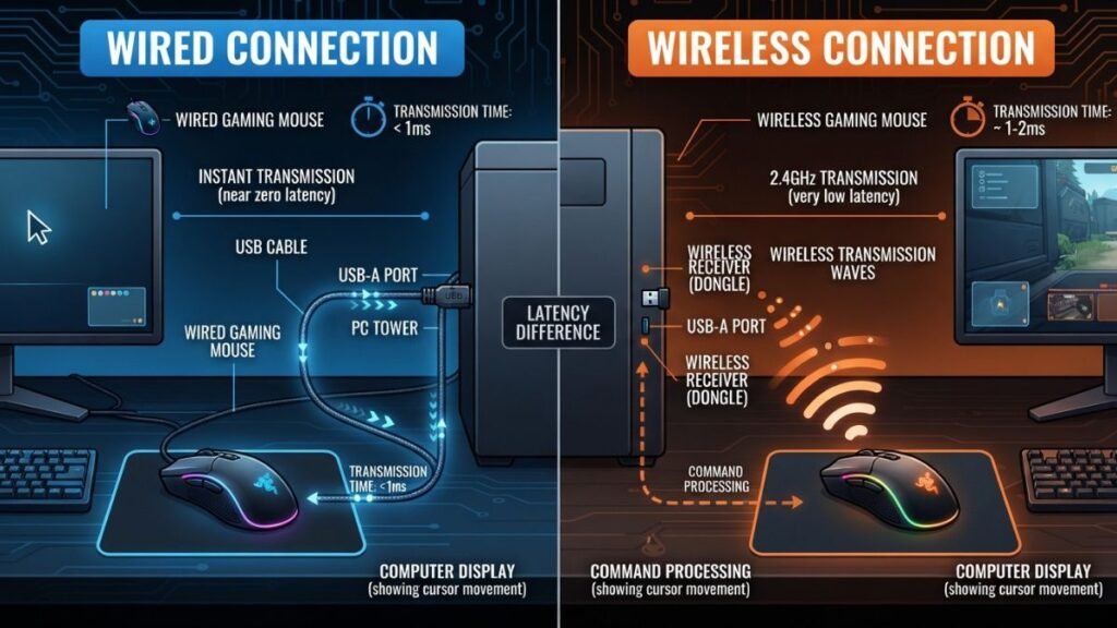 Visual explanation of gaming mouse input latency between wired and wireless connections