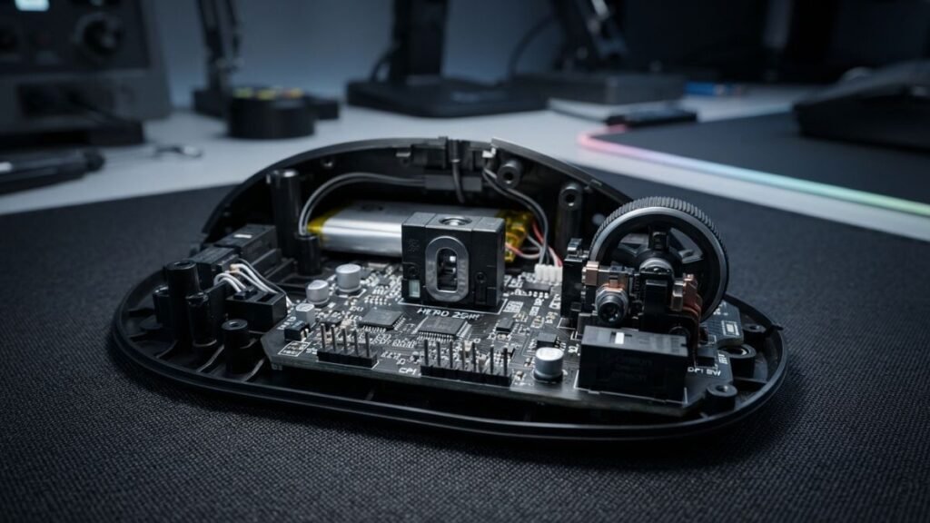 Close-up view of a gaming mouse optical sensor and internal components for tracking accuracy