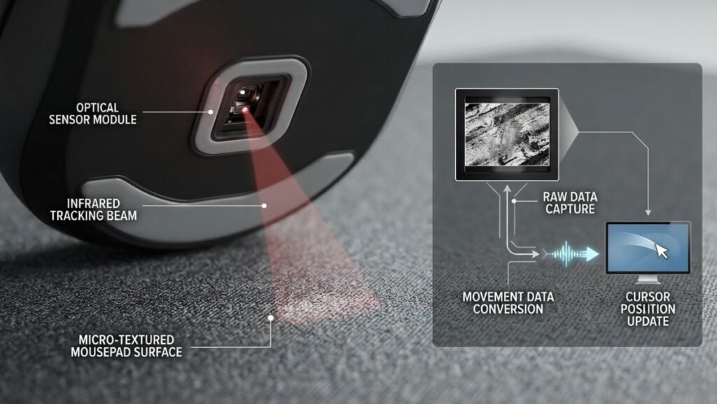 Close-up view of gaming mouse optical sensor technology and DPI tracking system.