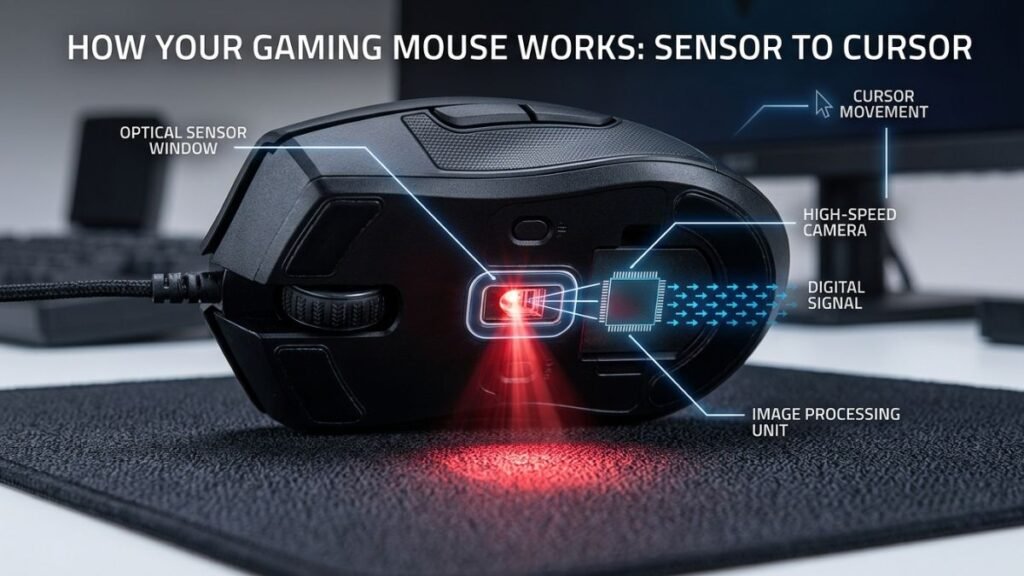 Diagram-style view showing an optical gaming mouse sensor tracking movement across a mouse pad