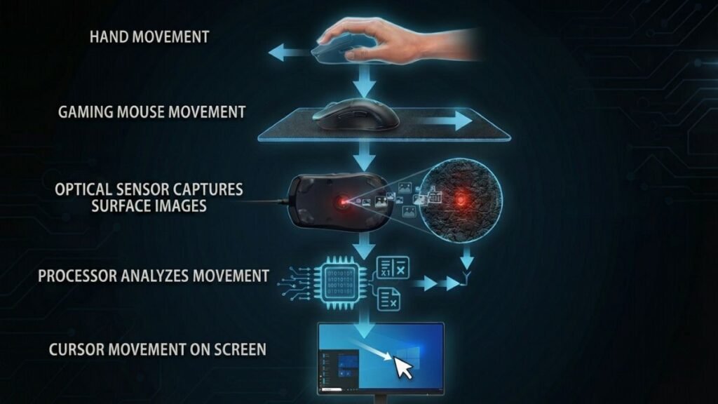 Diagram explaining how gaming mouse sensors process movement and tracking data
