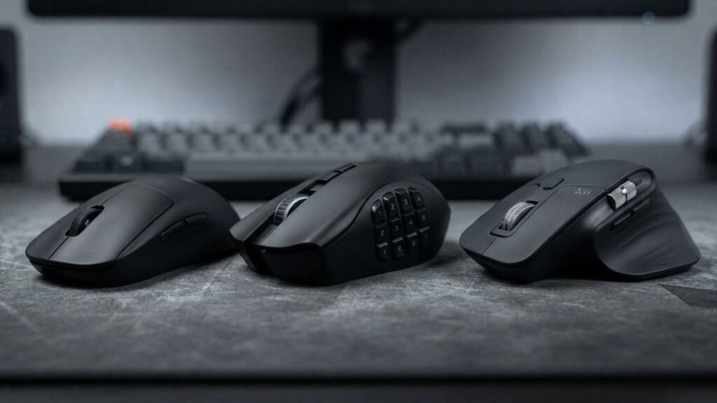 Different gaming mouse designs compared by shape, buttons, and intended use