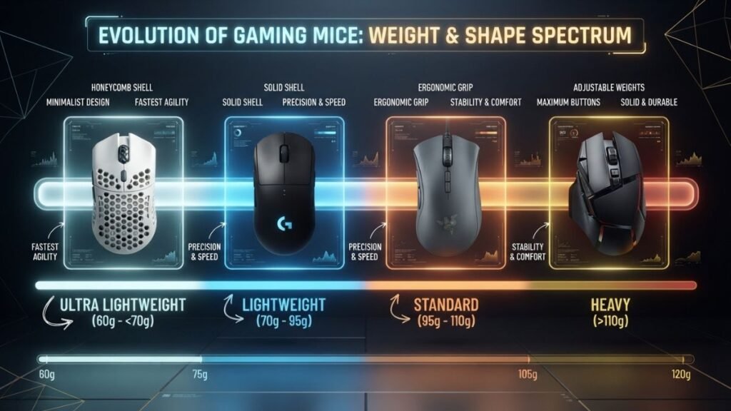 Side by side comparison of lightweight and heavy gaming mouse designs for different players