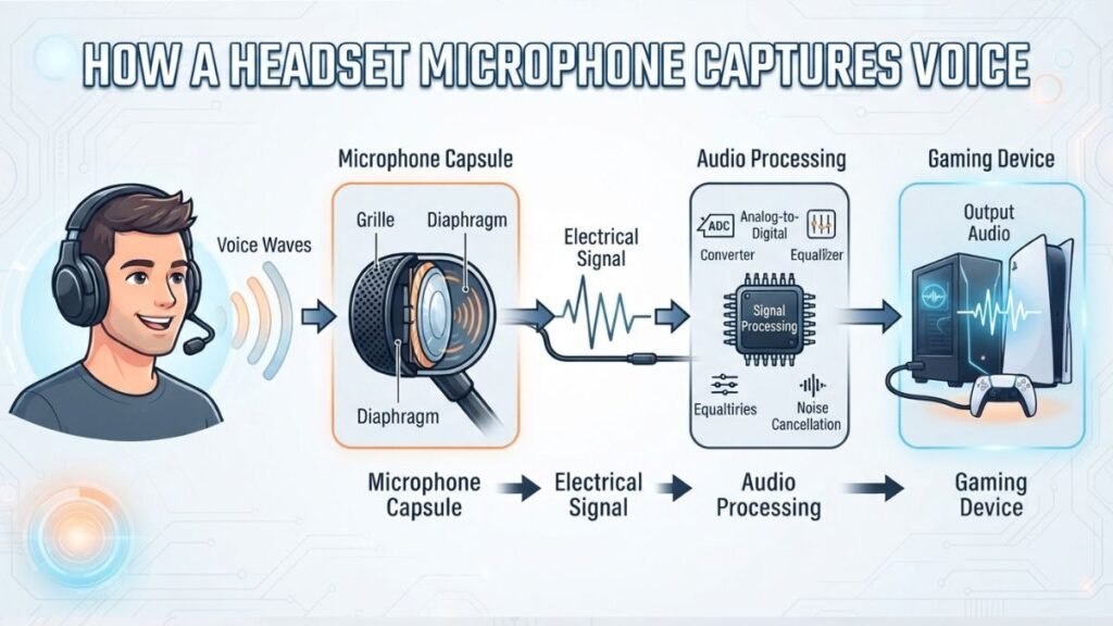 Diagram showing how a gaming headset microphone captures and processes voice signals