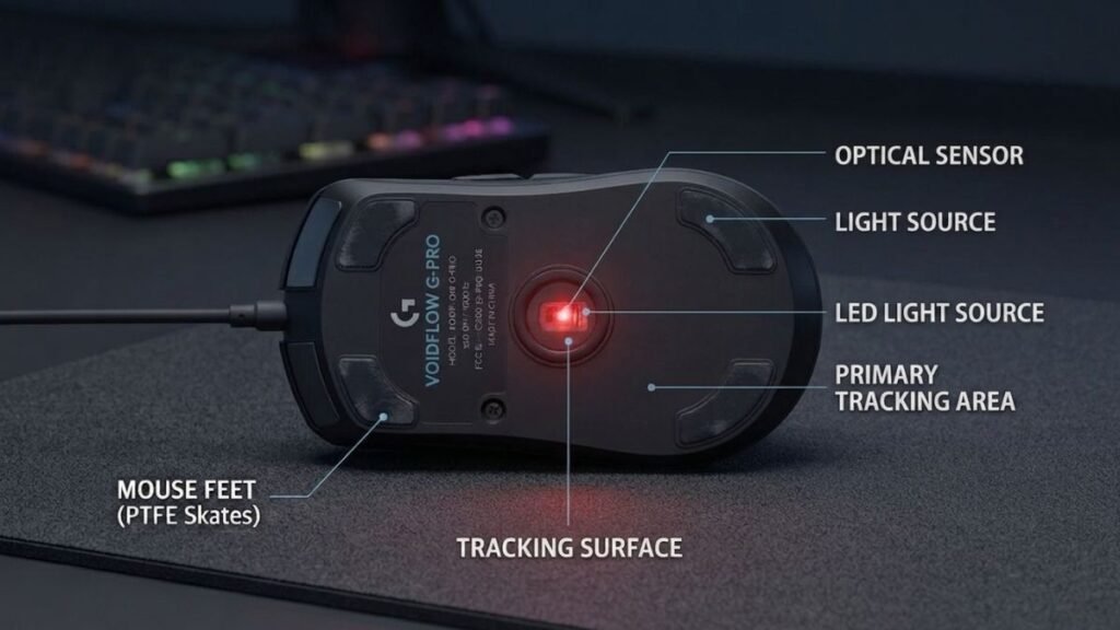 Gaming mouse optical sensor close-up showing the technology behind accurate tracking