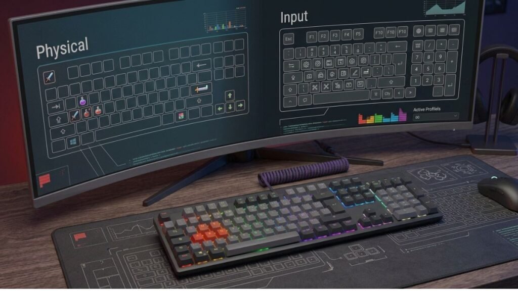 Gaming keyboard and computer showing how an incorrect input layout can cause wrong letters