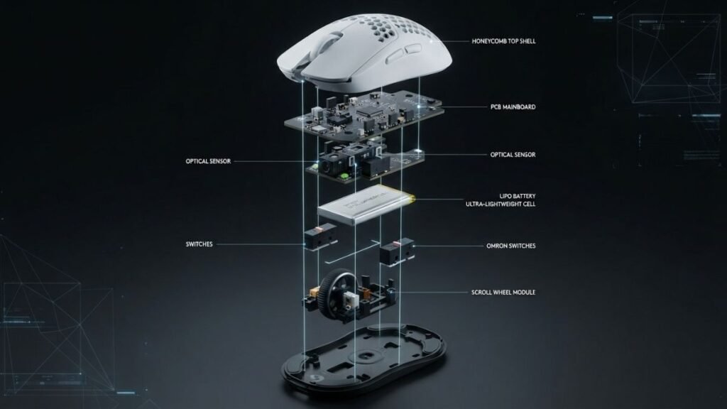 Exploded view showing internal components of a lightweight gaming mouse design