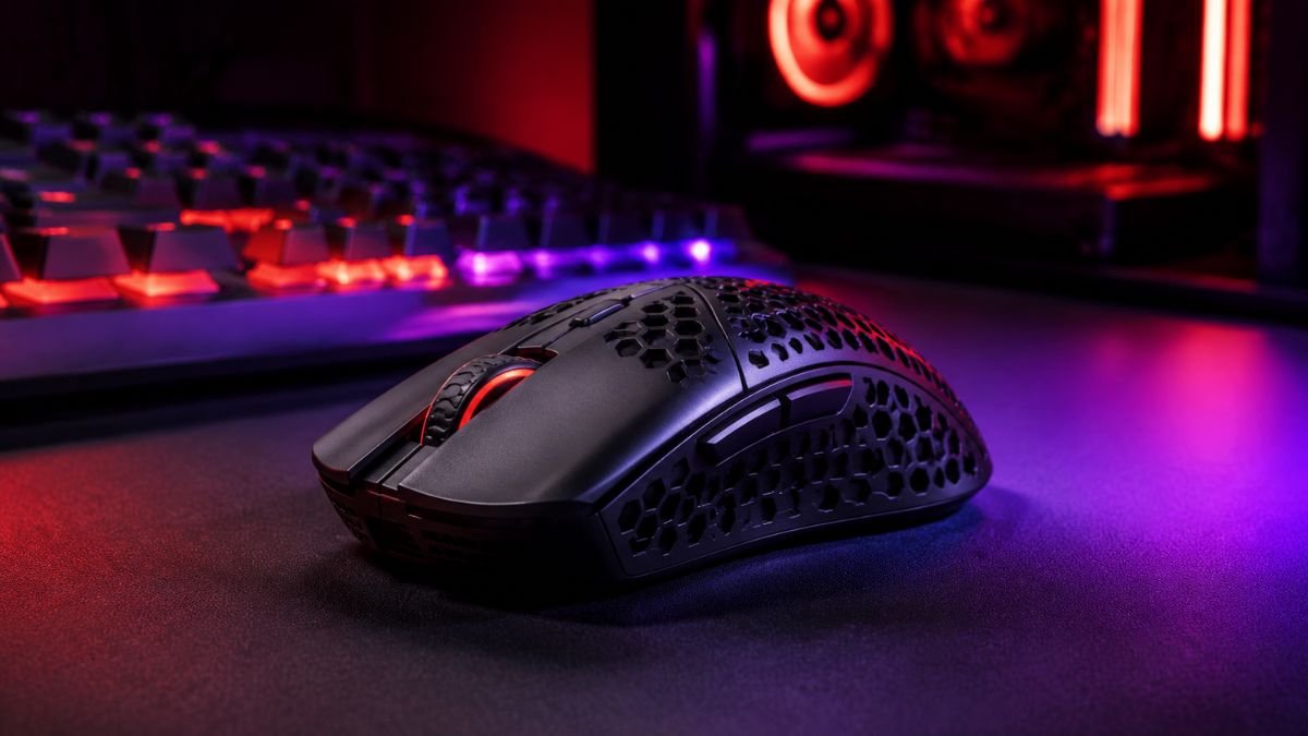 Lightweight gaming mouse on a premium RGB gaming desk setup for fast and precise PC gaming performance