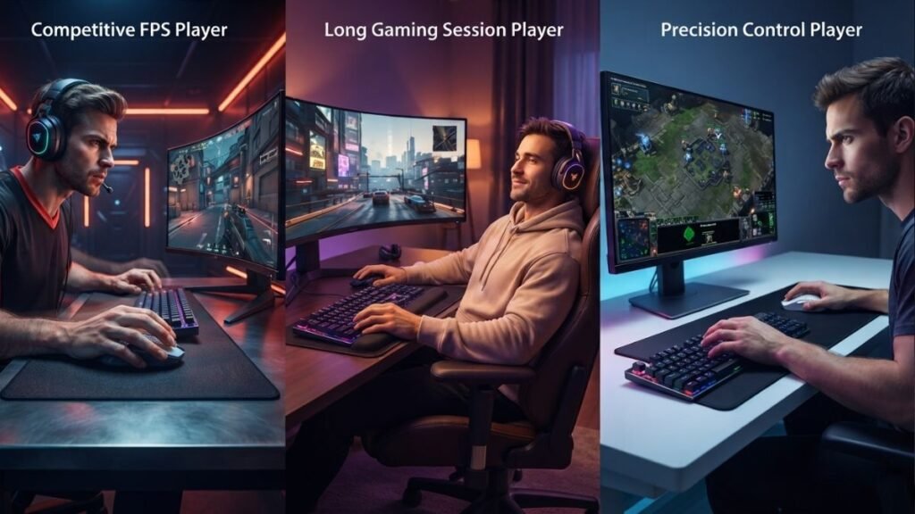 Comparison showing gaming mouse grip styles for FPS, casual, and precision players